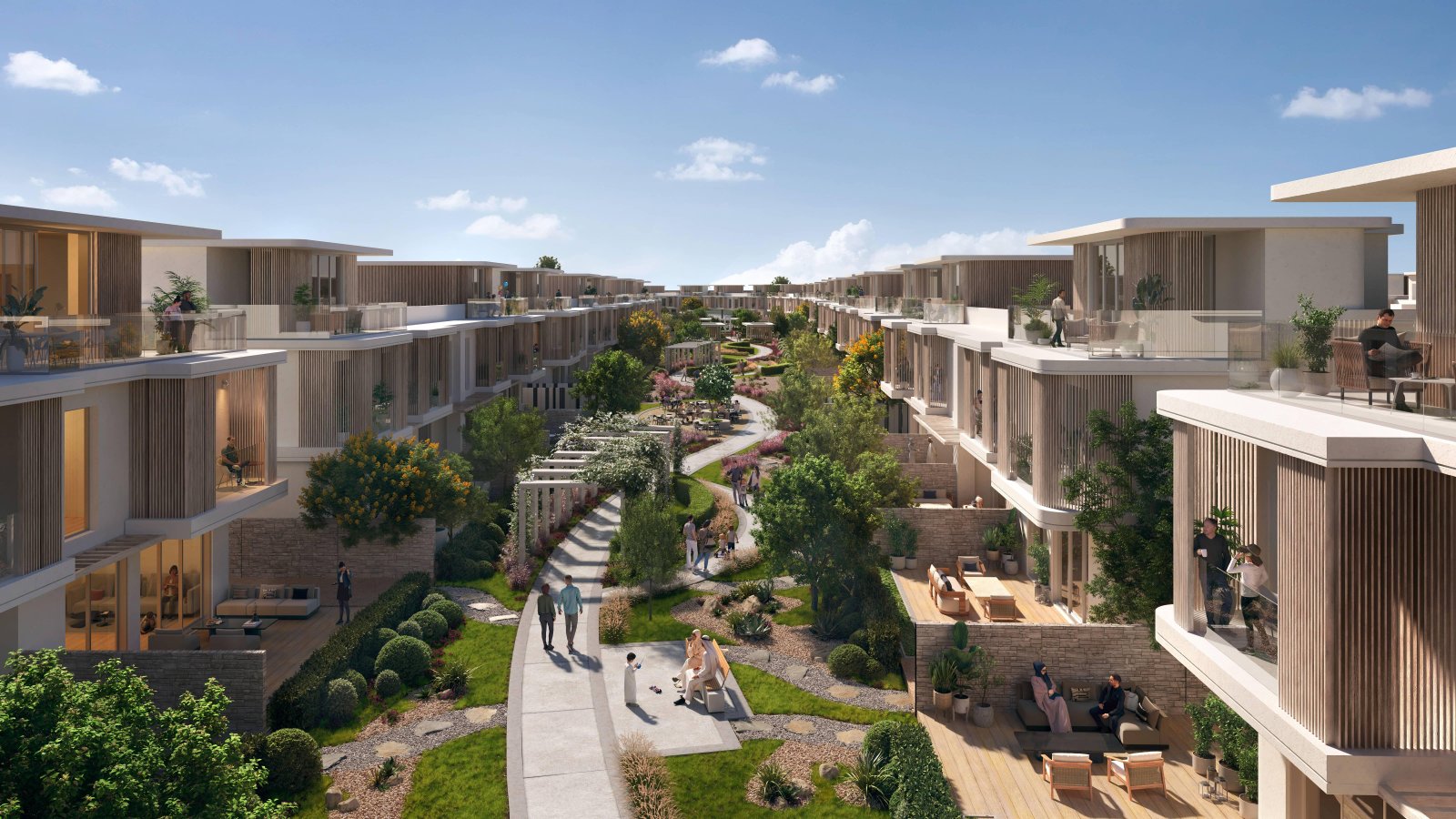 Sophisticated modern villa-style townhouses with private garden entryways at Thoray