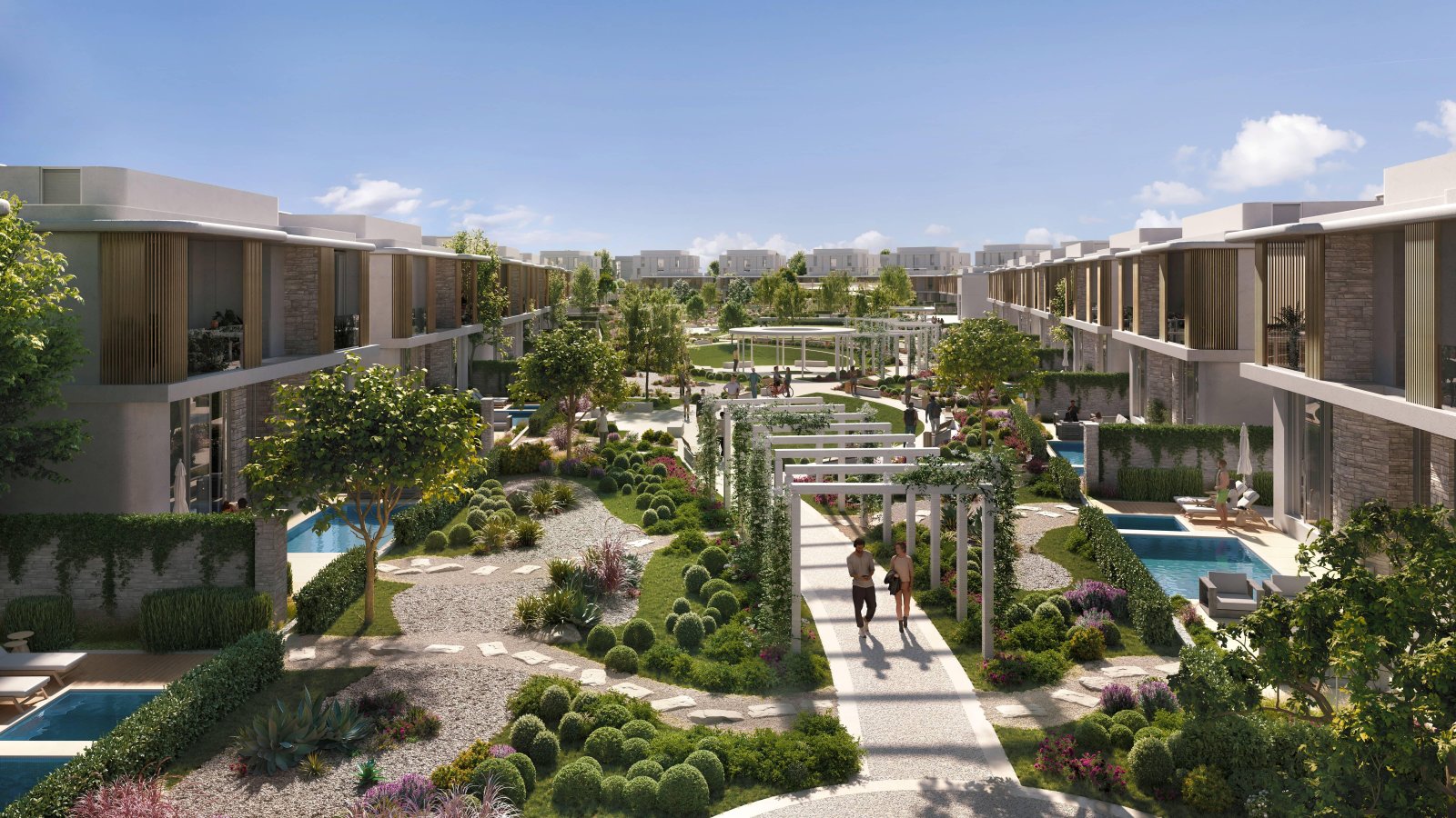 Premium villa-style maisonettes with organic contemporary architecture facades at Mayar